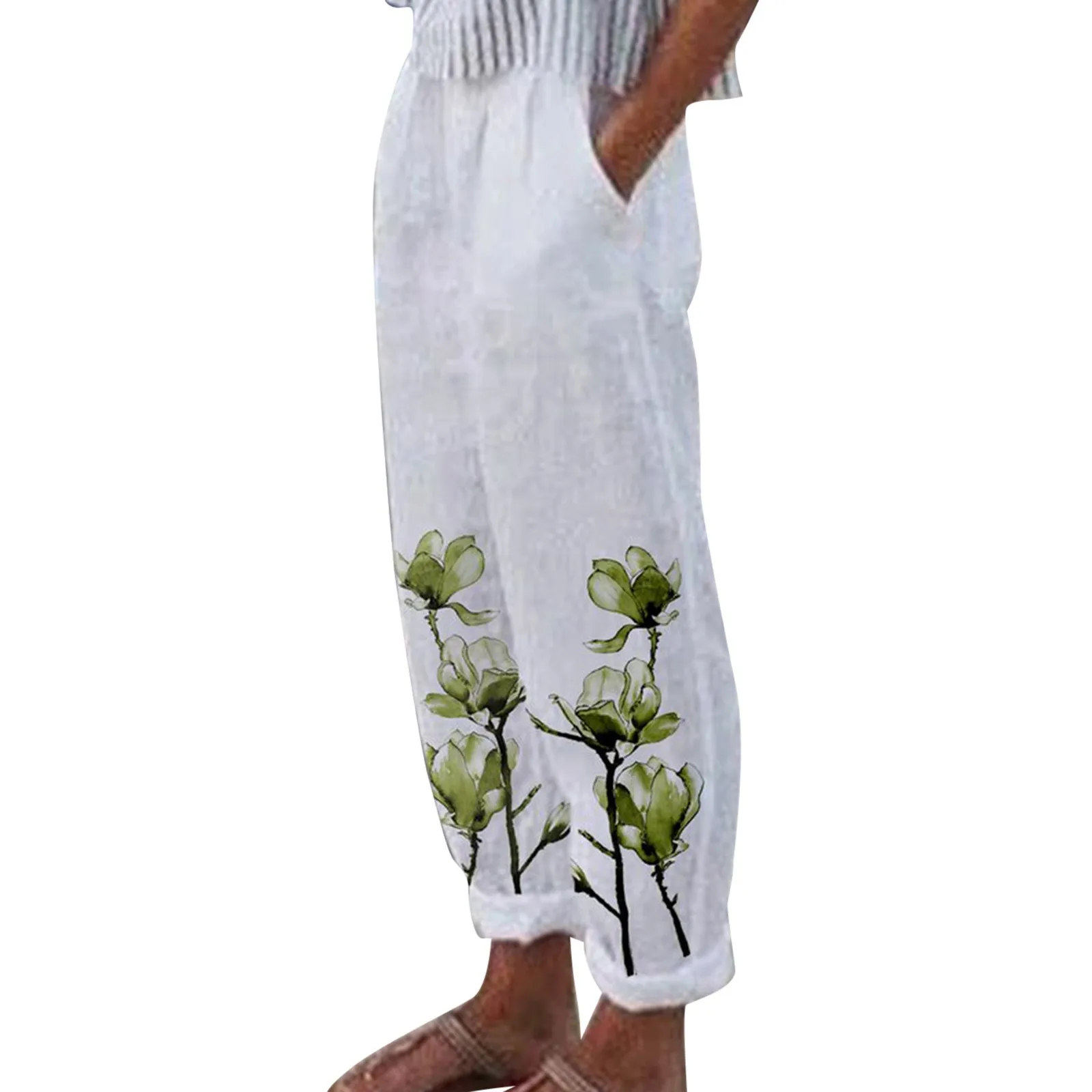 Cotton Linen Fashion Women Pants Spring Summer Floral Print Loose Wide Leg Trousers Elastic Waist Pockets Harem Pants Pantalon