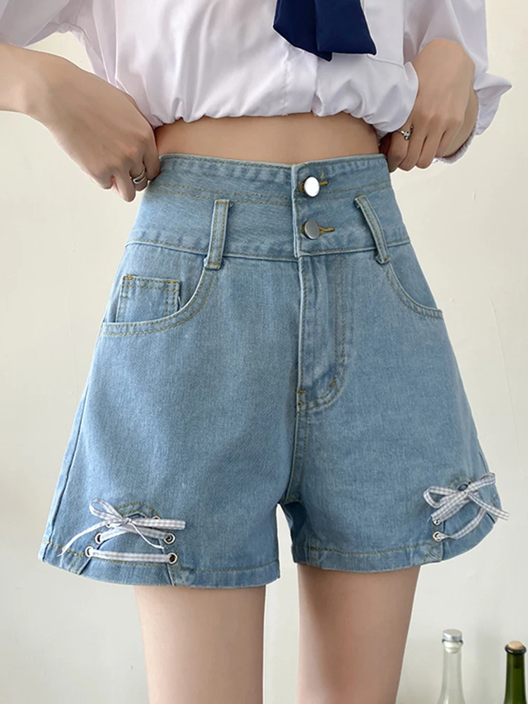 New Spring Summer Women High Waist Button Blue Denim Shorts Casual Female Wide Leg Lace Up Jeans Shorts Bottoms