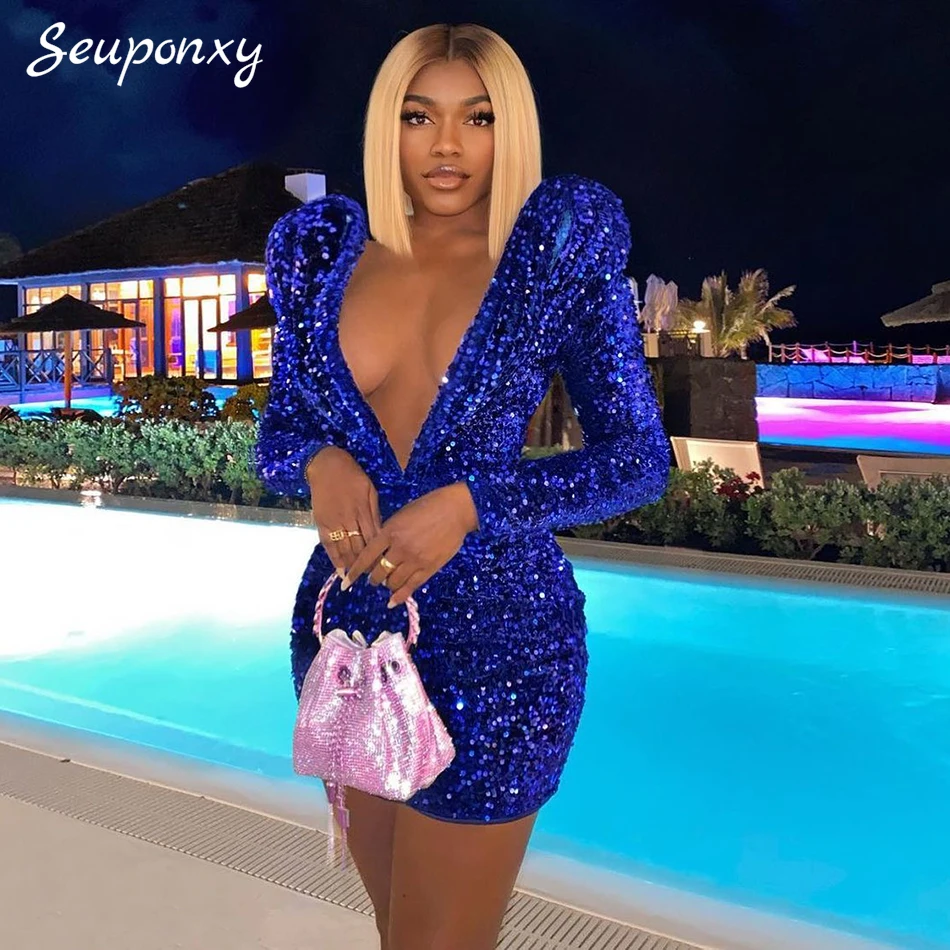 High Quality Blue Sequined Women's Bodycon Mini Dress 2022 New Sexy Long Sleeve Mesh Patchwork Celebrity Party Dress Vestidos