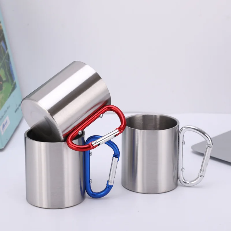 

220/300ml Stainless Steel Metal Cup with Carabiner Hook Handle Camping Traveling Outdoor Carabiner Climbing Double Wall Mug