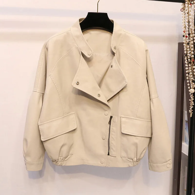 Women's loose version of large pocket leather 2023 spring and autumn clothes new clothes leather jacket coat