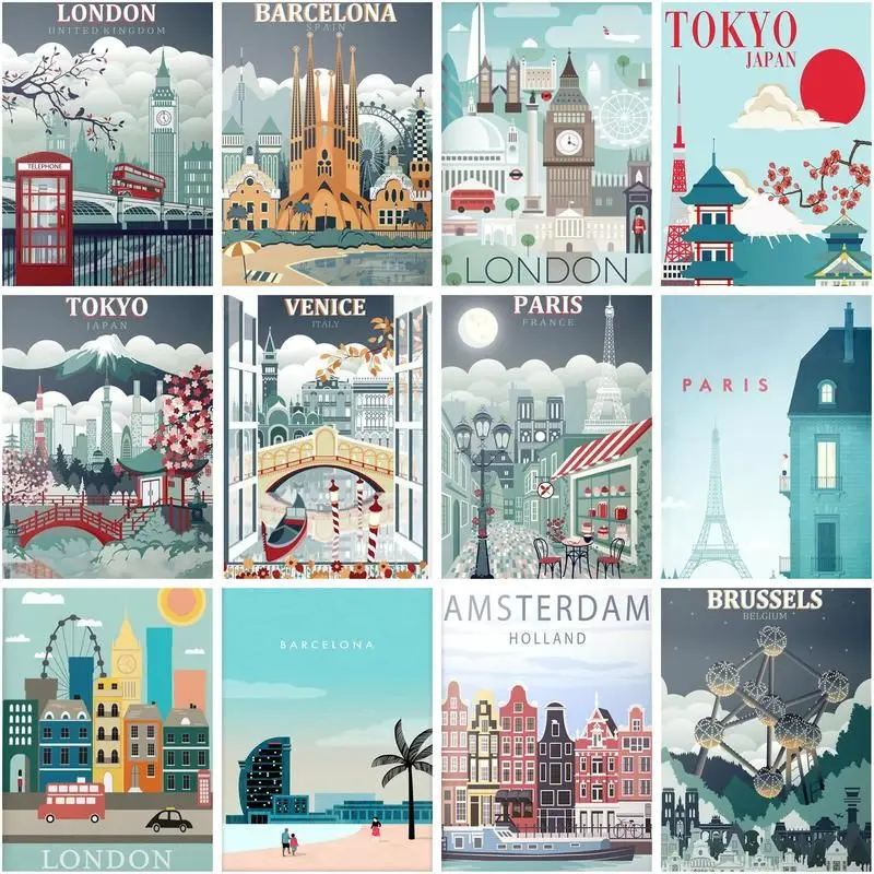 

CHENISTORY 5d Full Square / Round Diamond Mosaic Cartoon City Poster Landscape Diamond Painting Embroidery Rhinestones Art Home