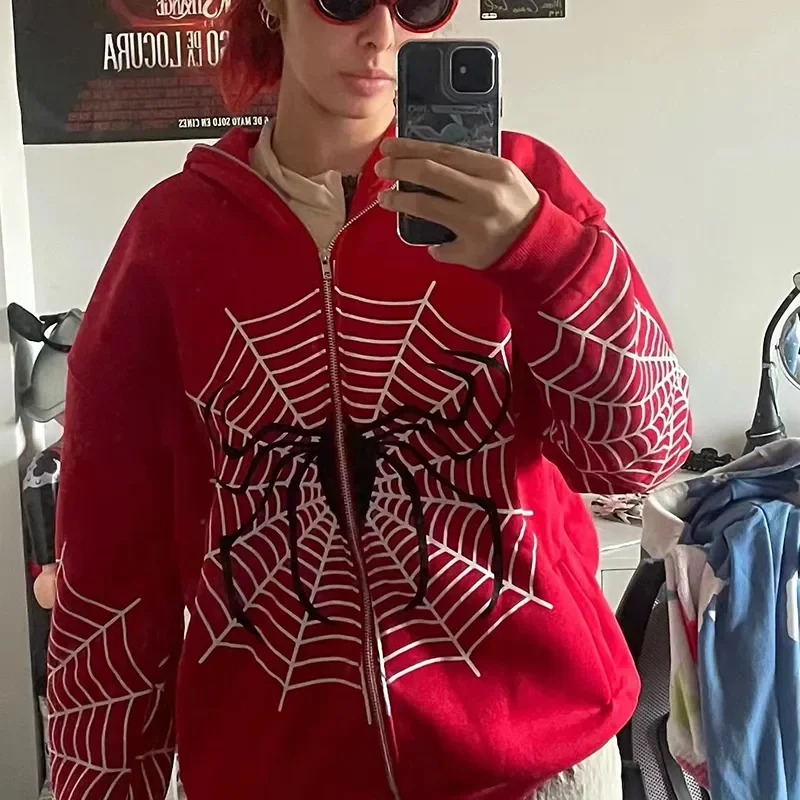 

Spider Web Red Graphic Hoodies Women's Clothing Warm Harajuku Vintage Grunge Y2k Zip Up Hoodie For Men And Women Sweatshirt Tops