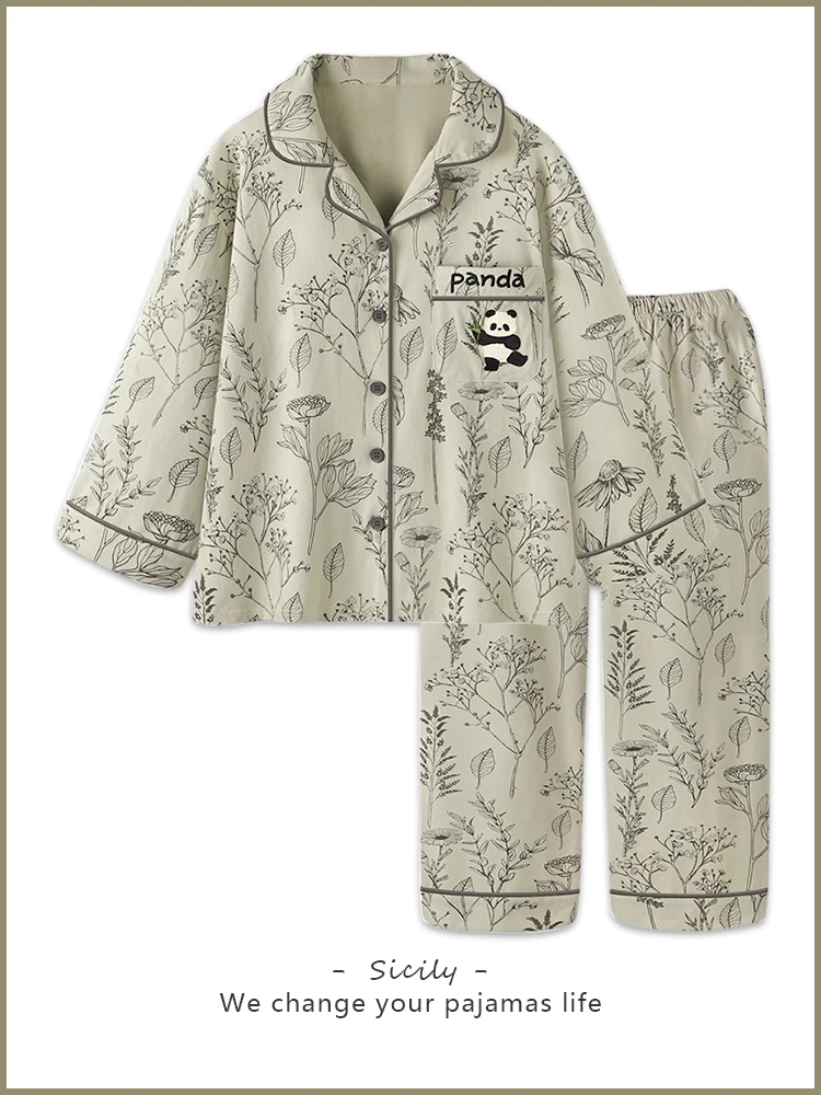 Пижама женская весенне-осенняя из чистого хлопка с длинным рукавом и принтом