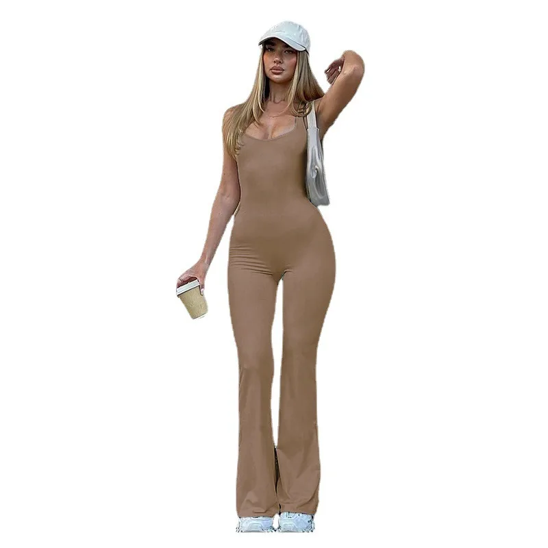 European And American Casual Women's Slim Fitting Solid Color Bell Bottoms Sexy Suspender Jumpsuit