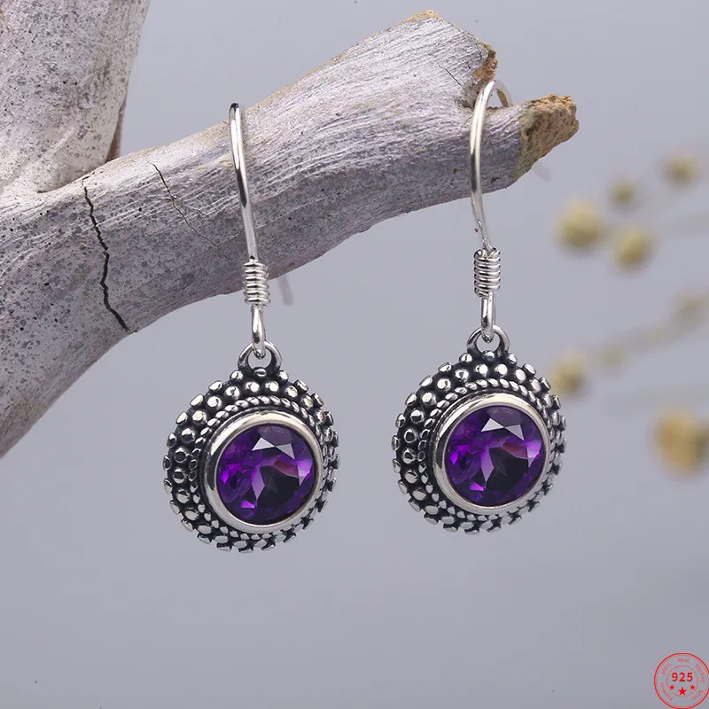 

S925 Sterling Silver Earrings 2022 New Fashion Round Amethyst Simple Pattern Ear Drop Argentum Jewelry for Women and Lover