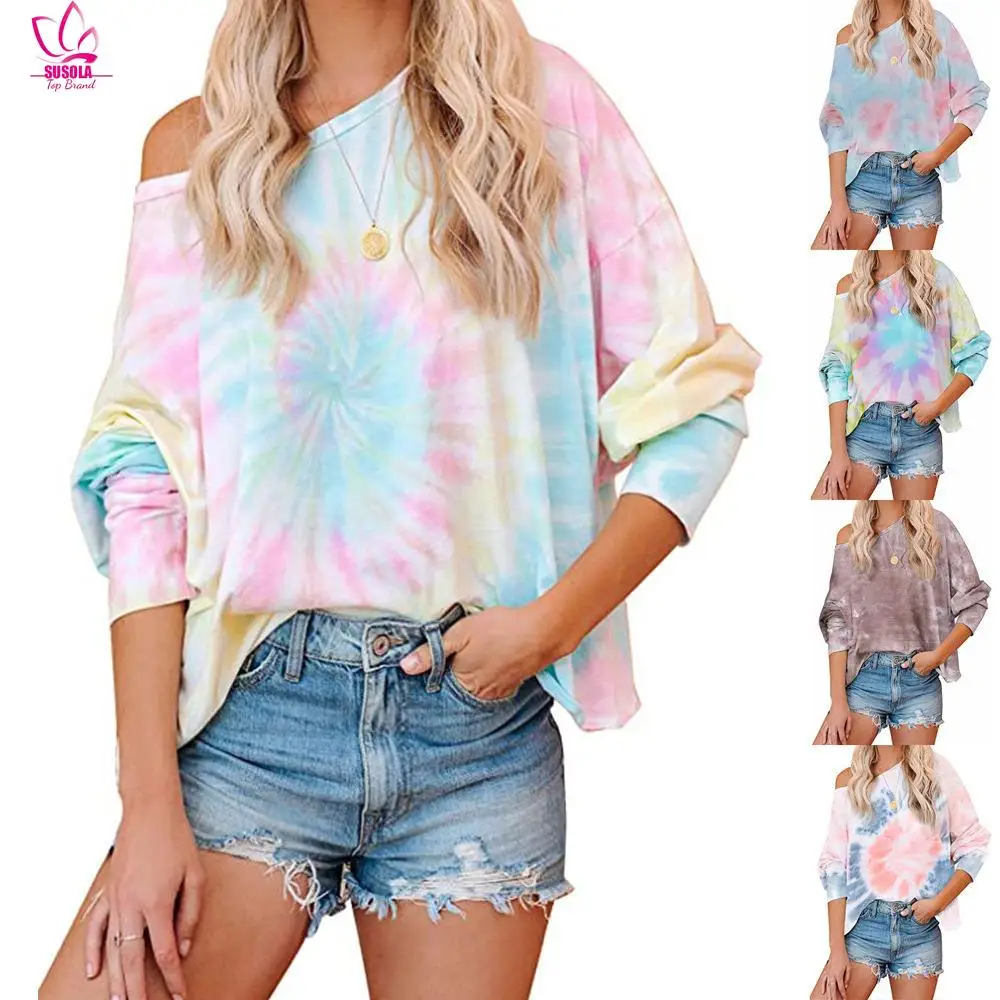 

SUSOLA Autumn Winter Tie-Dye Women's Top - European and American Gradient Color Print Long-Sleeve Round Neck Casual T-shirt