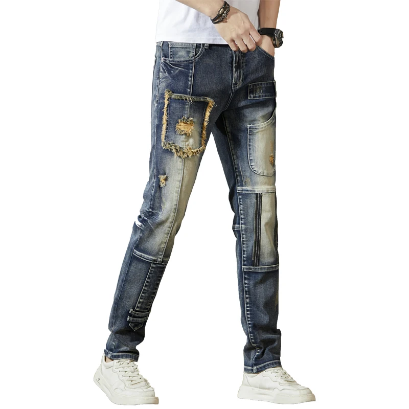 Джинсы мужские зауженные на молнии рваные прямые брюки в стиле ретро эластичные