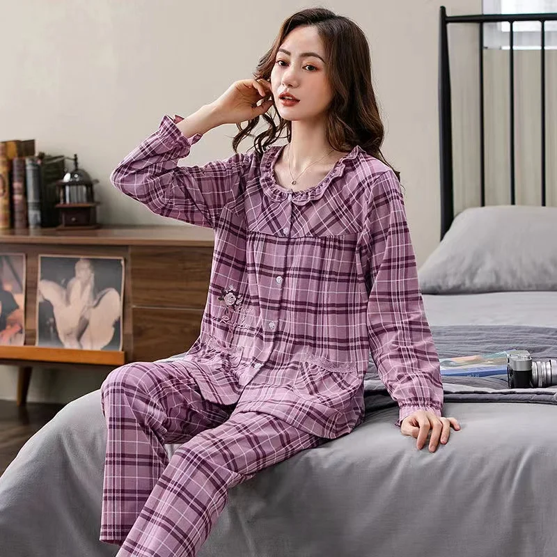Spring/Autumn Pajamas Set For Women 100% Cotton Mom Sleepwear Long Sleeve Trousers Home Clothes Homewear