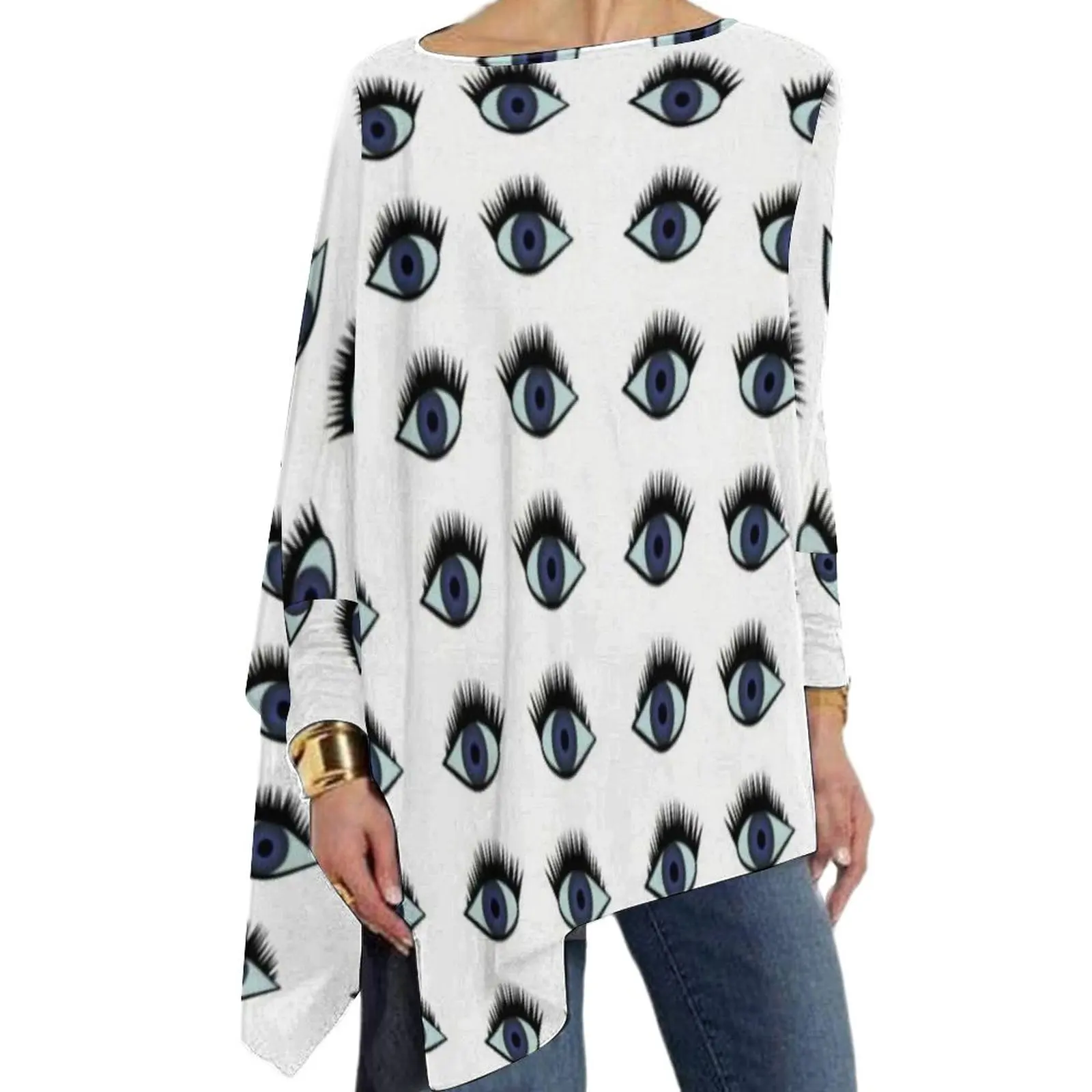 

Blue Eyes T-Shirts Eye Watching Y2K T-Shirt Female Long Sleeve O Neck Korean Fashion Tops Oversize Printed Tees