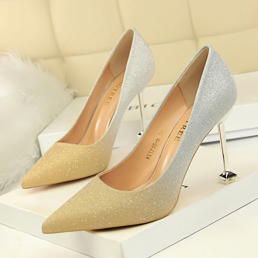 

LSXJK Shoes Gradient Color Woman Pumps Stiletto Wedding Shoes High Heels Sexy Party Shoes Women Heels Gold Pink Heeled Shoes