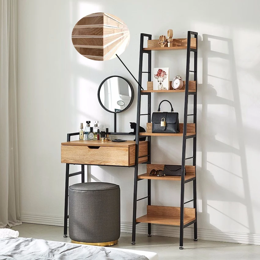 

Industrial Style Small Apartment Bookshelf Dresser Combination with Mirror Dresser Retro Iron Art Solid Wood Makeup Table