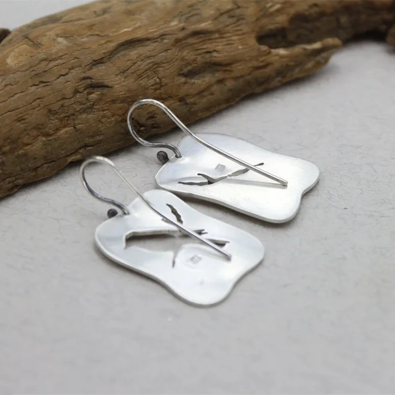 Vintage Square Metal Craftsman Carved Bird Earrings Boho Women Simple Asymmetric Hook Drop | Dangle