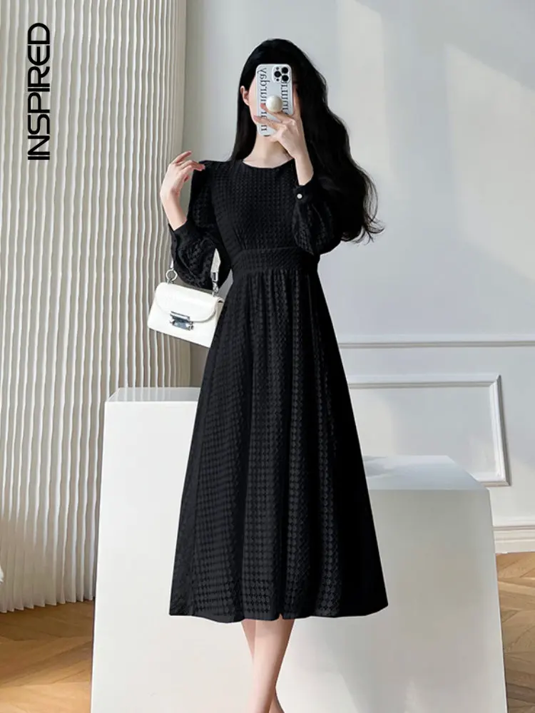 

Women Elegant Party Dress 2023 Autumn Fashion French Temperament Lace Jacquard Long Sleeve Dresses For Women's Office Midi Dress