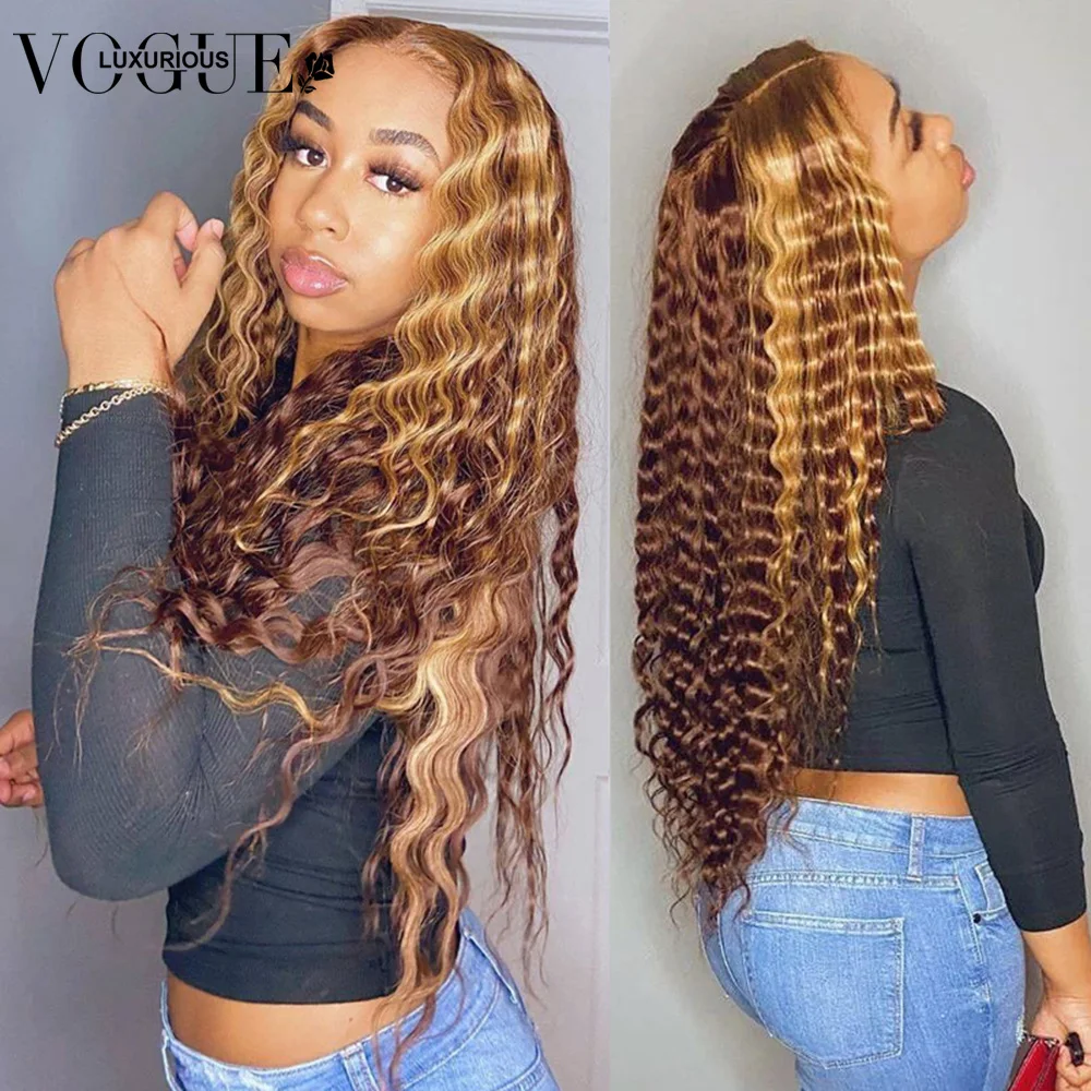 

13x4 Brown Highlight Deep Wave Frontal Wig 4/27 Colored Human Hair Wigs For Women Preplucked 30 Inch Brazilian Hair Party Wig