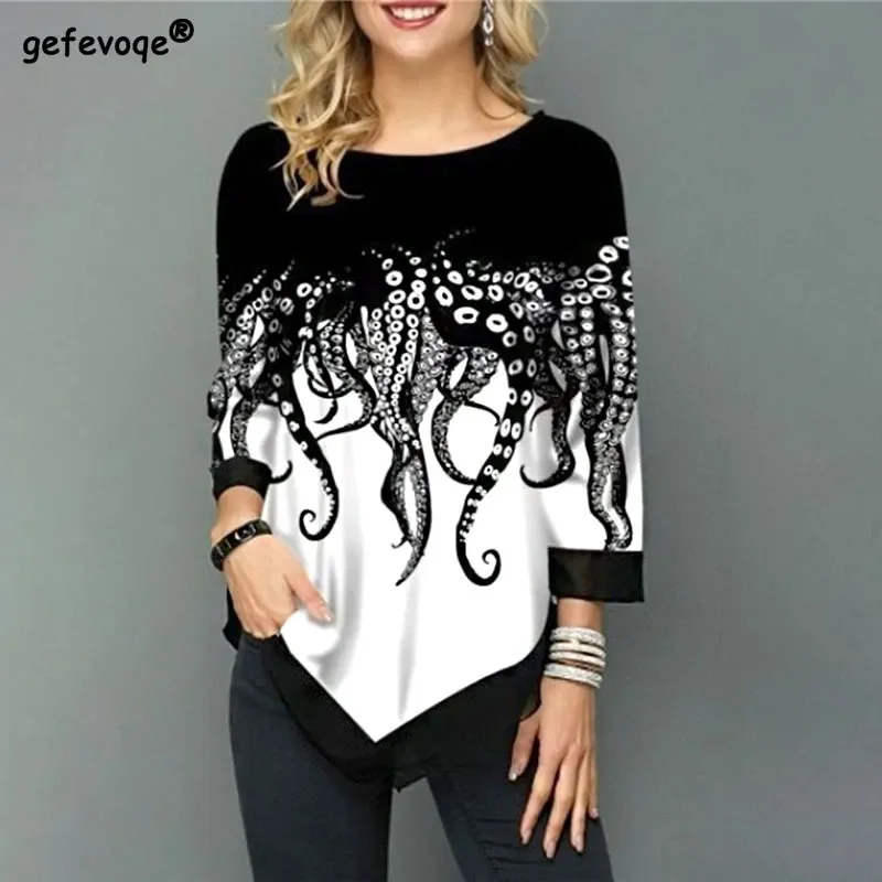 

Lady Casual Round Neck Tops Harajuku 3/4 Sleeve Trend Patchwork Women Spring Autumn Clothing Skinny Silky Tentacle Print T-shirt