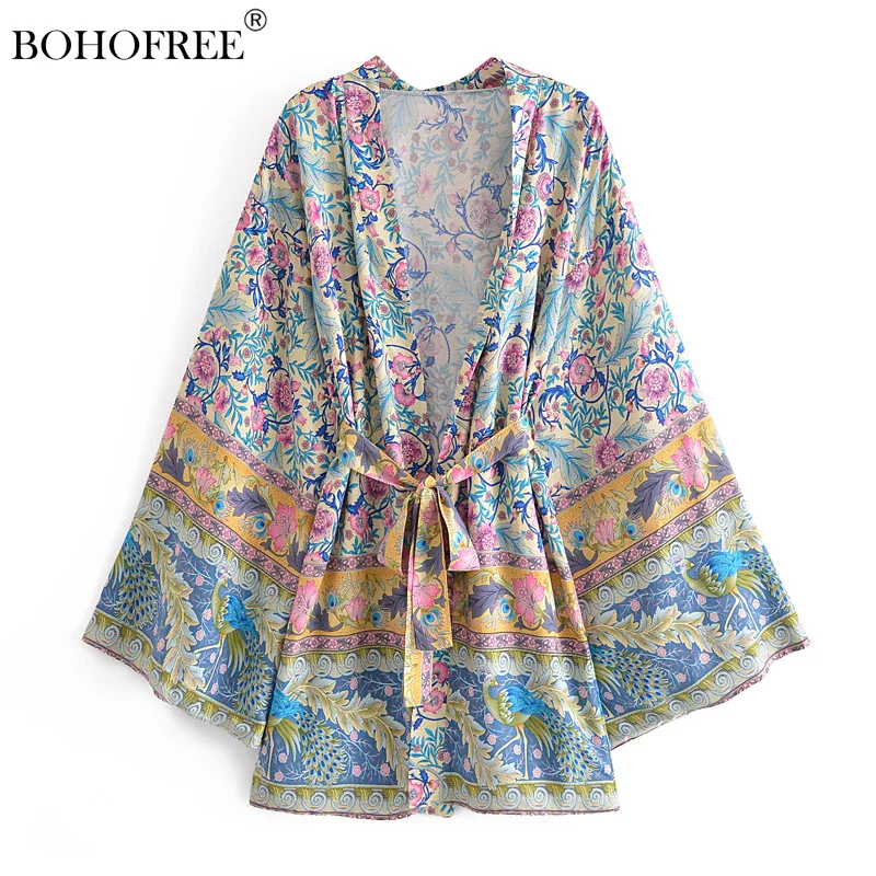 

Boho Vitange Rayon Cotton Cover Ups Loose Fit Curve Plus Floral Robes Casual Women Summer Bohemian Style Belt Blusas Kimonos