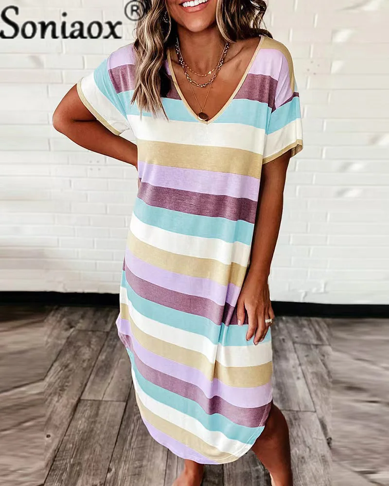 Купи Summer 2022 Women's Vintage Loose Striped Print Short Sleeve Dress Casual V Neck Pocket Pullover Female Midi Dresses Vestidos за 641 рублей в магазине AliExpress