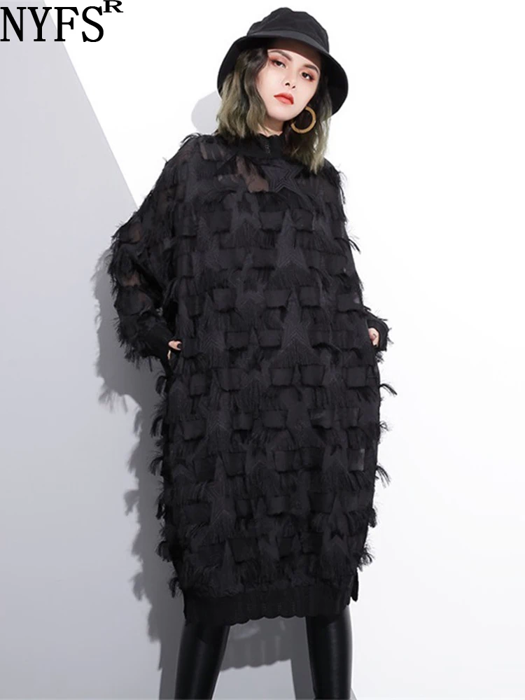 

Женское прозрачное Сетчатое платье NYFS, свободное платье в Корейском стиле с воротником-стойкой и кружевом, осень 2023