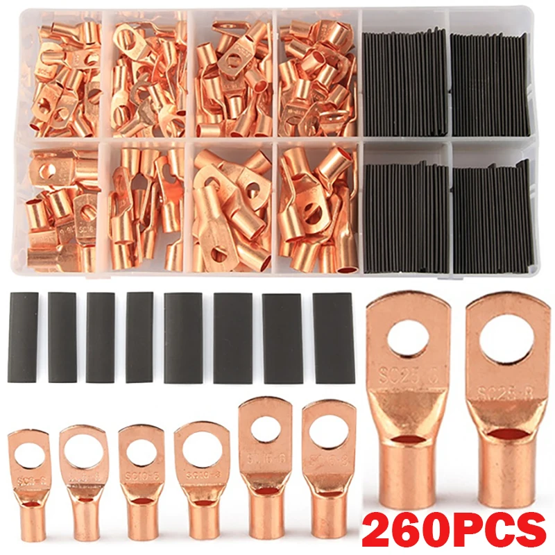 

260Pcs Wire Lug Connector Ring SC6-25 Copper Connectors Bare Cable Electric Crimp Terminal Connector Kit,terminals sc tube