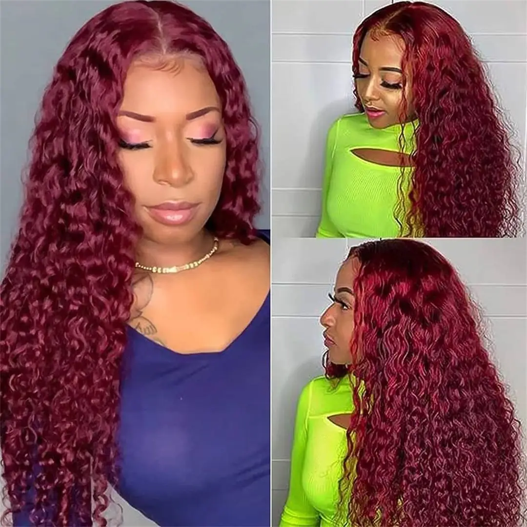 

Aliblisswig 99j Burgundy Deep Wave 13x1 Lace Front Human Hair Wigs Red Colored Curly Highlight Lace Part Wig For Women Red Wig