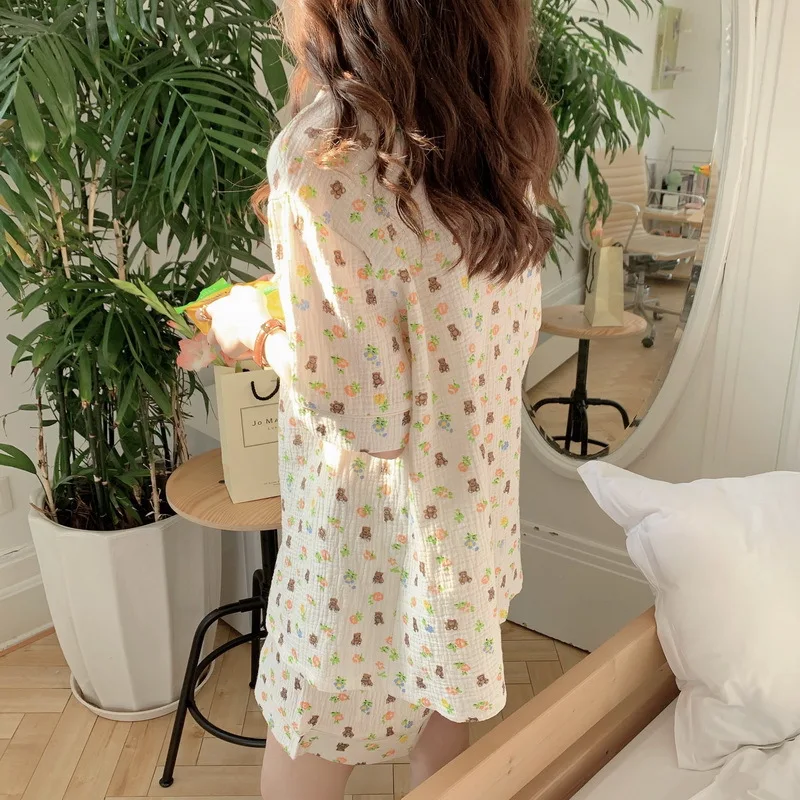 2pcs Women Pajamas Floral Sweet Bear Print Short-sleeved Single-breasted Lapels Top Causal Shorts Loungewear Suit Woman Pyjamas