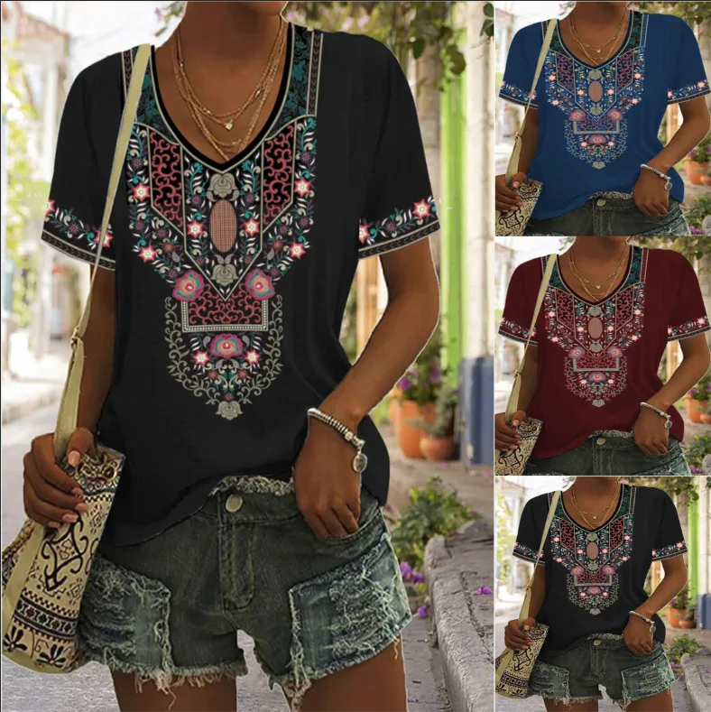 

Retro Summer Fashion Pullover Women's V Neck Loose Ethnic Style Printed Short-sleeved T-shirt Casaul Harajuku Abstract New Shirt