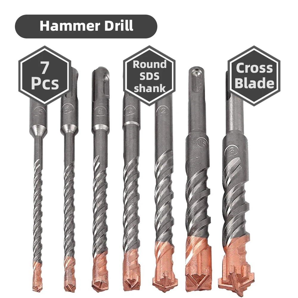 7 Pcs Hammer Drill Bits Set For Woodworking Carpentry Concrete Brick Block Masonry Mechanical Workshop Tools SDS Round Shank