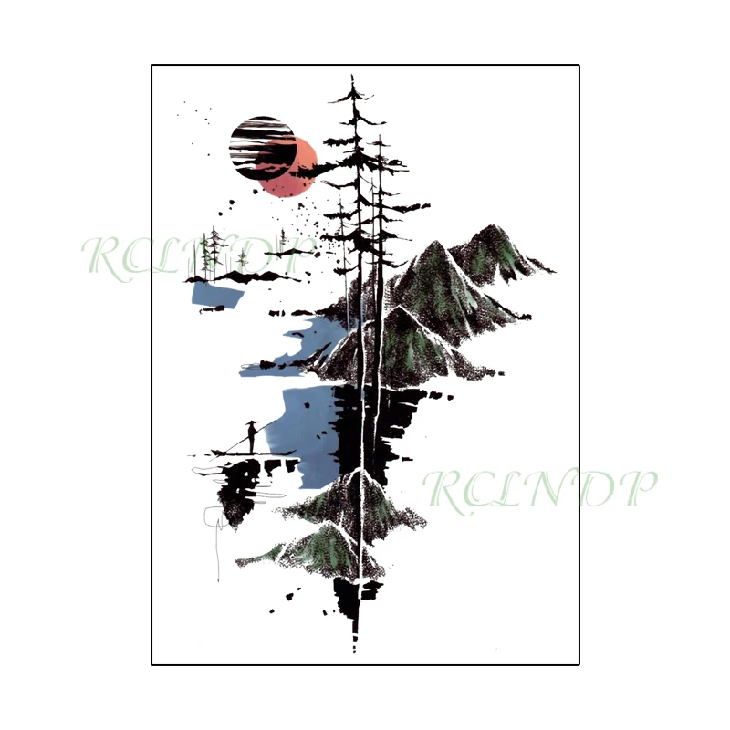 

Waterproof Temporary Tattoo Sticker Moon Tree Forest Mountain Fake Tatto Flash Tatoo Back Leg Big Size Art for Women Men