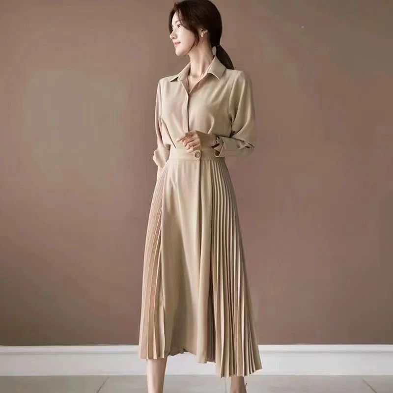 

Women Dress for Autumn and Winter Irregular Pleated Dress Solid Color Shirt Polo Collar Long-sleeved Slim Waist Mid-length Dress