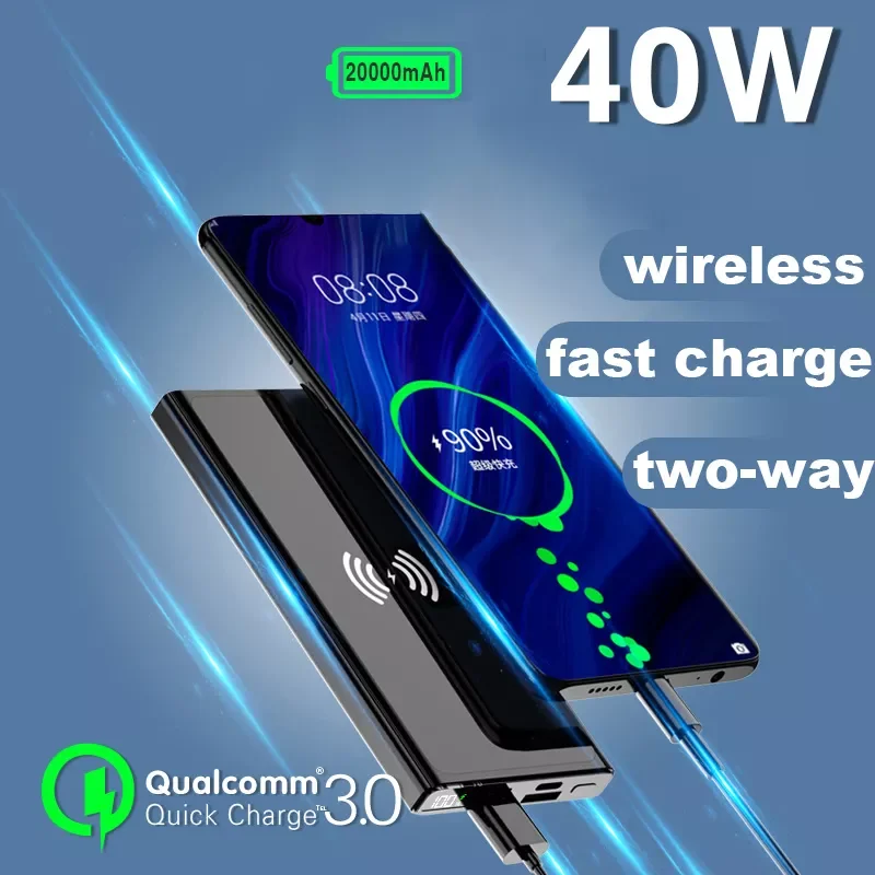 

2023New 40w Super Fast Charging Large Capacity 20000 mAh 15W Wireless Charging Two-way Fast Charging Digital Display External Ba