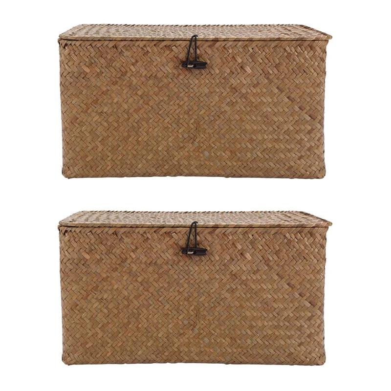 

2X Handmade Straw Woven Storage Basket With Lid Makeup Organizer Storage Box Seagrass Laundry Baskets Jewelry Box(M)