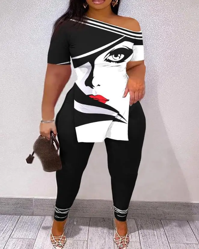 

2023 Fashion New Women's Oversized Abstract Figure Print Side Seam Top and Trousers Set