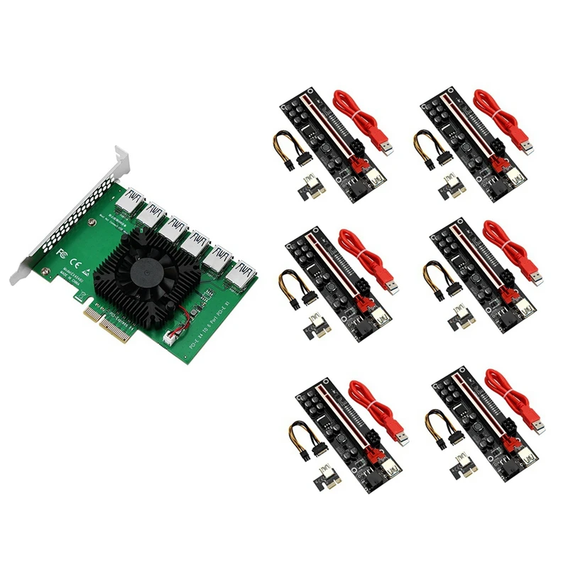 

PCIE X4 1 to 6 PCIE 6-Port Expansion Card with VER011 PRO PCI-E 1X to 16X USB3.0 Graphics Card Extension Cable for BTC