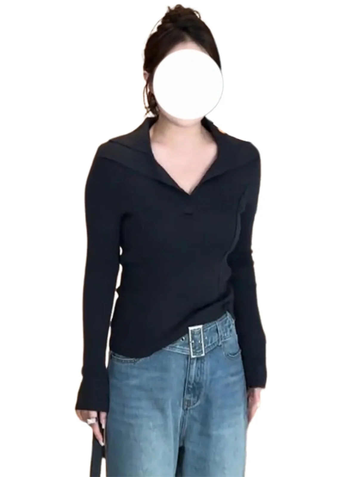 Модная однотонная вязаная футболка большого размера с длинным рукавом Новинка