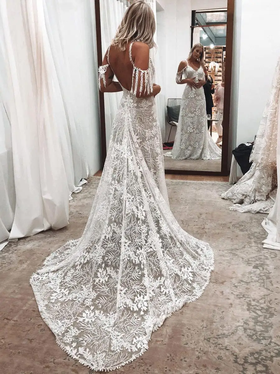 

A Line Boho Wedding Dress Summer Beach Lace Tassel Backless V Neck Rustic Bohemian Champagne Bridal Gowns Vestido De Novia