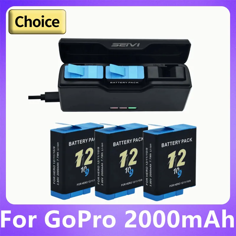 Аккумулятор 2000 мАч для экшн-камеры GoPro hero 12 11 10 9 Hero аксессуары спортивных камер