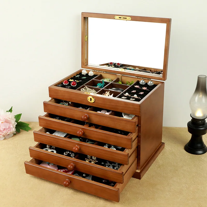 Jewelry Box Organizer Chinese Style Pine Wooden Watch Storage Box Large Vintage Luxurious Jewelry Box Retro Multi-Layer Drawer