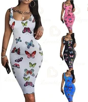 2022 summer sexy vest dress sleeveless print dress butterfly tank top womens summer new camisole bodycon dress girls slim dress