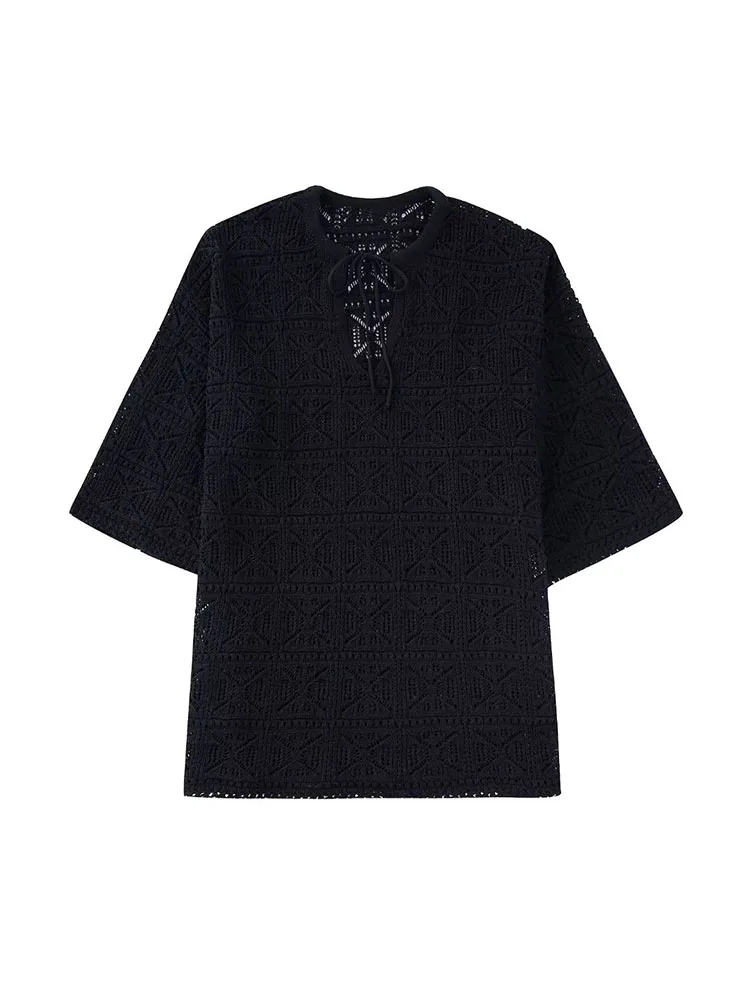 

DYLQFS 2022 Spring Summer Women Fashion Jacquard Knitted Sweater Casual Loose Half Sleeve O Neck Lacing Mid Length Pullovers