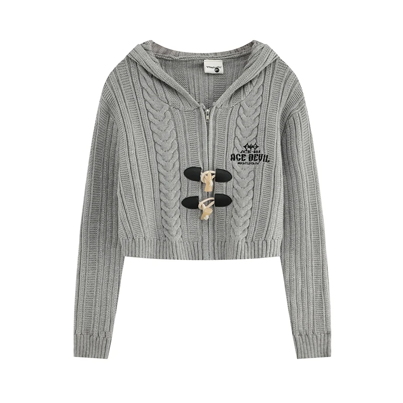 Корейская серия серый вязаный капюшон с роговой пряжкой женский 2024 новый