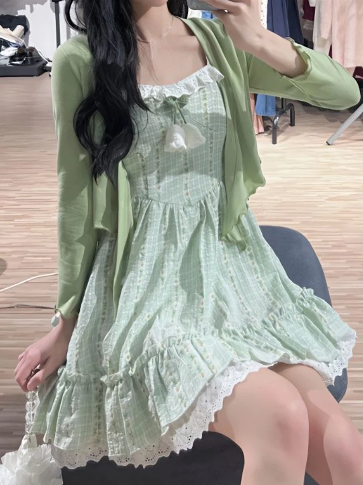

Summer Japanese Kawaii Two Piece Set Women Print Sweet Lace Strap Dresses Suit Female Green France Elegant Mini Dress Suit 2023