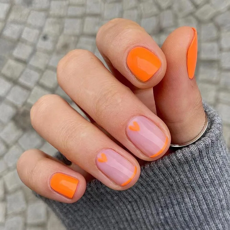 

Fashion 24pcs French Nails Orange Heart Ins Style Fake Nails ABS Full Cover Nail Tips Short Round Square Press On Nail