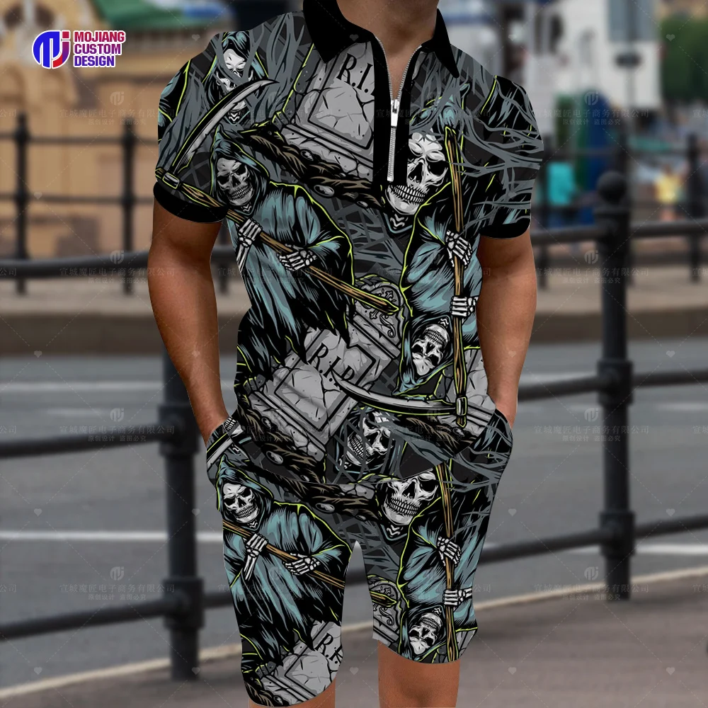 2023 Men's Short Sleeve Shirt Skull Series 3D Printing Top Casual Fashion Zipper Lapel Polo Shirt Street Hip Hop Oversized