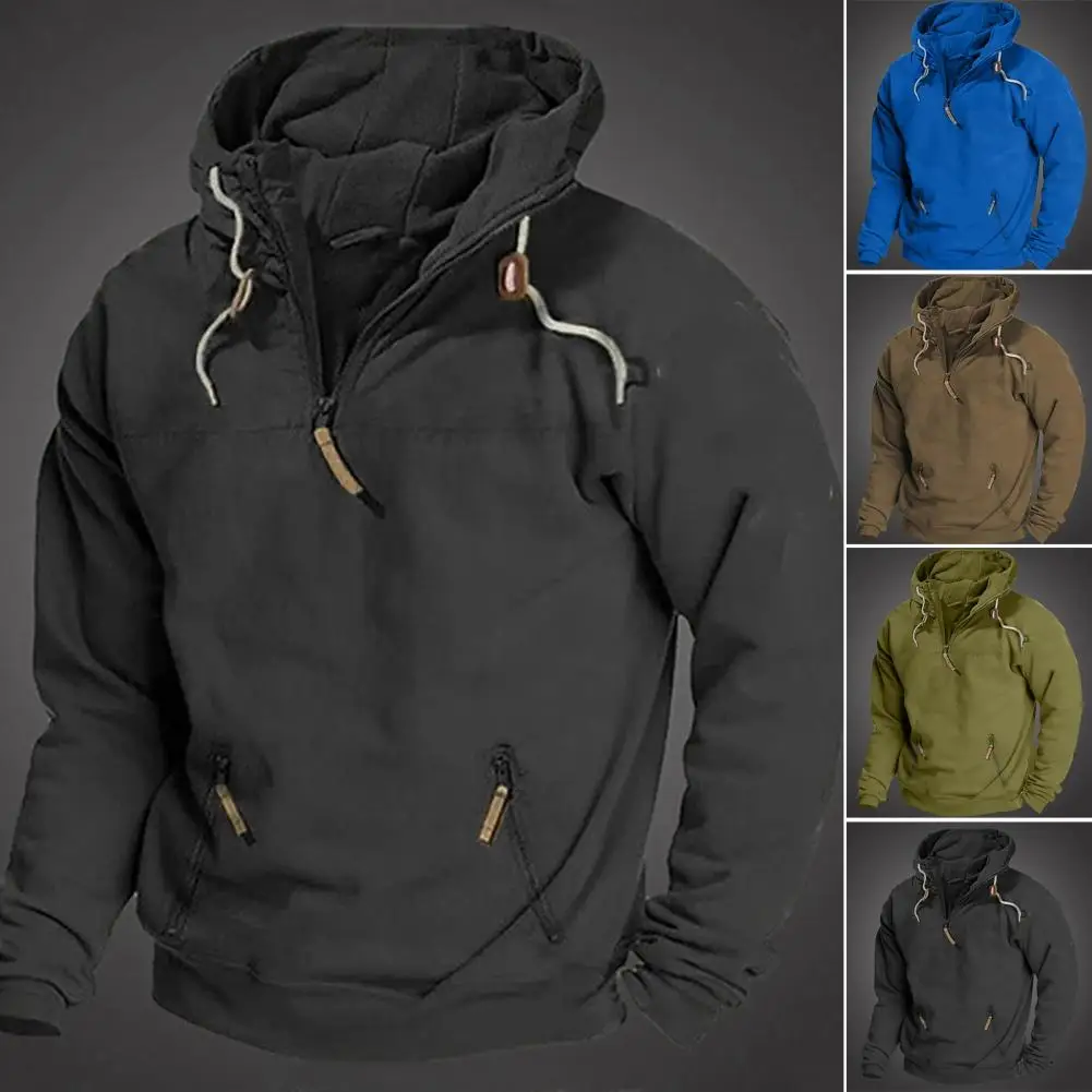

Men Hooded Sweatshirt Solid Color Hooded Sweatshirt with Zipper Neckline Pockets Stylish Men's Winter Pullover for Sports Gym