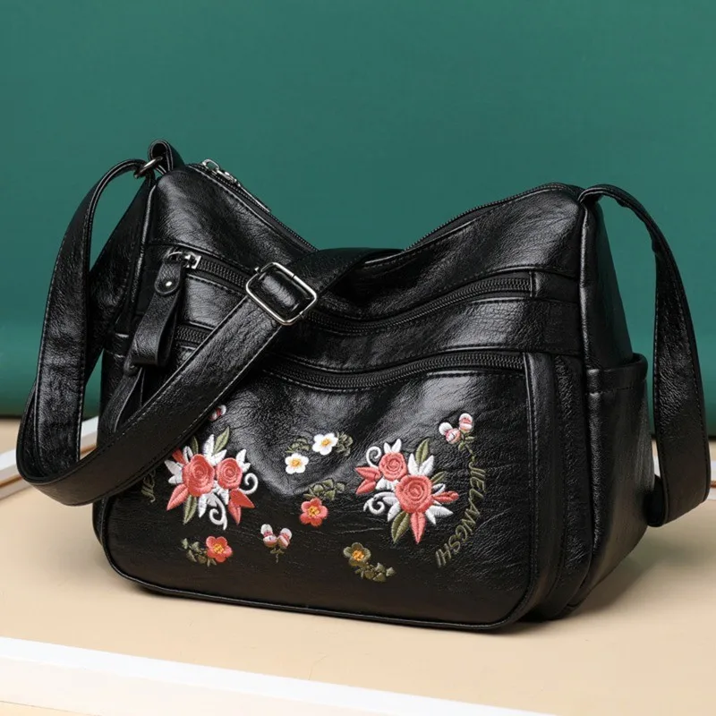 

Women Messenger Embroidered Flowers Bags Matching-all Leather Feeling PU Shoulder Bags Fashion Gift For Girls Middle Aged Female