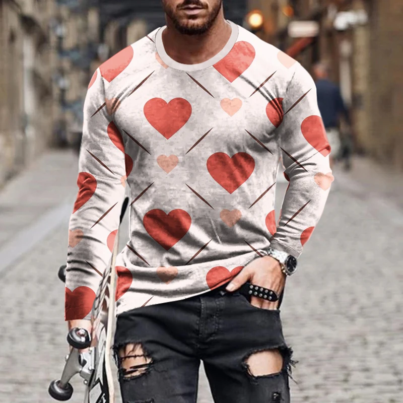 

Spring And Autumn Men's Love Print T-shirt Personalized Trendy Round Neck Pullover Bottoming Shirt Sports Long Sleeve
