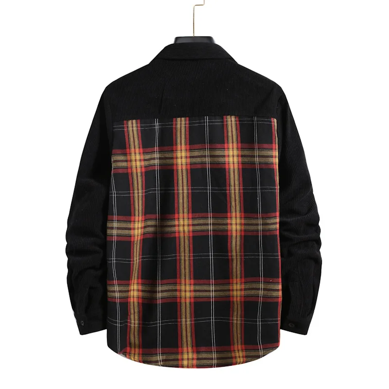 Autumn and Winter New Men's Long Sleeve Plaid Shirt Corduroy Color Matching Blouse Men Cotton Casual Square Collar Top S-2XL