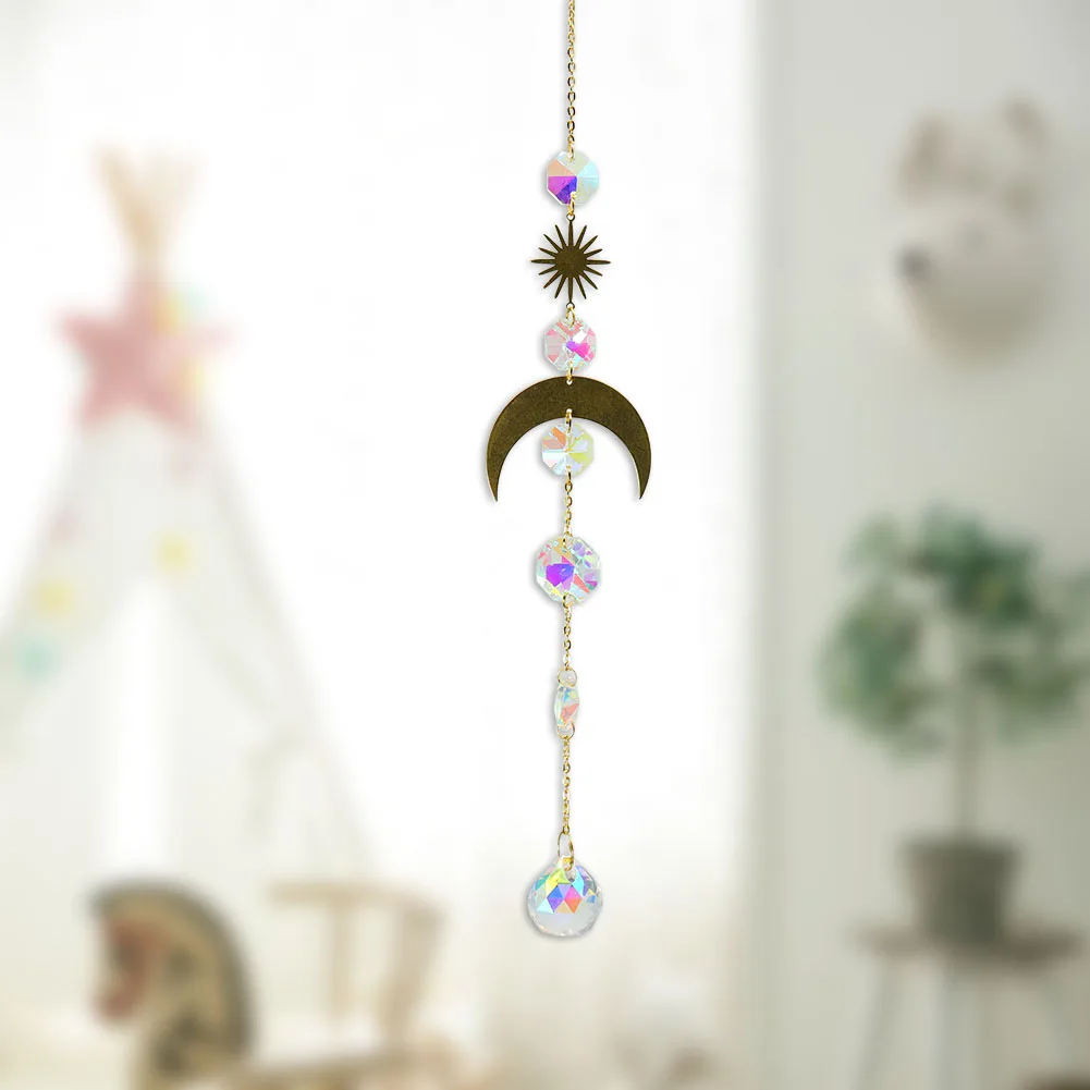 

Crystal Wind Chime Pendant Iron Hoop Moon Sun Hanging Drops Garden Outdoor Indoor Garden Window Wedding Chandelier Decoration