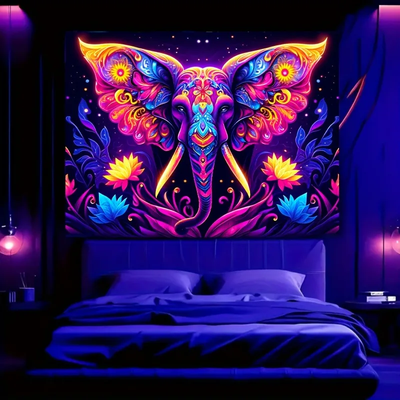 

Красочный дизайн слона неоновый гобелен, УФ-гобелен настенный гобелен для спальни, дома, вечеринки, украшения